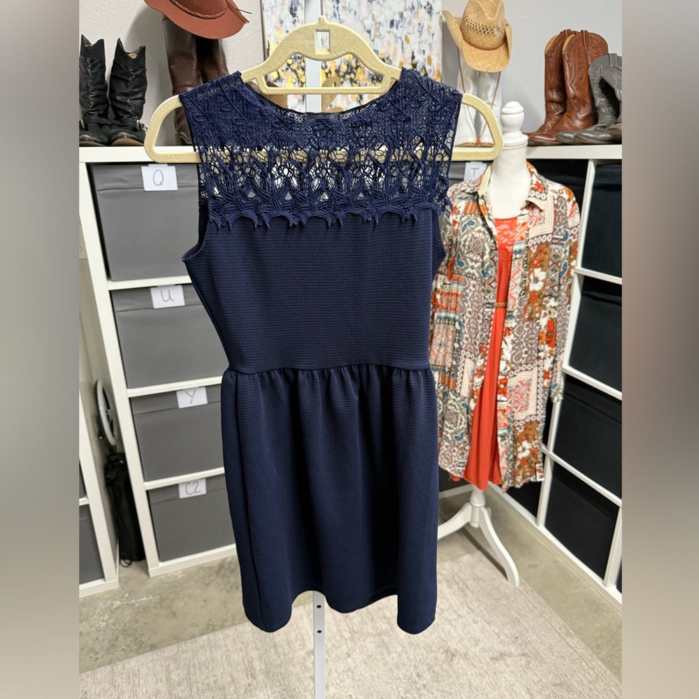 Soprano Elegant Textured Navy Blue Crochet Knit Lace Dress